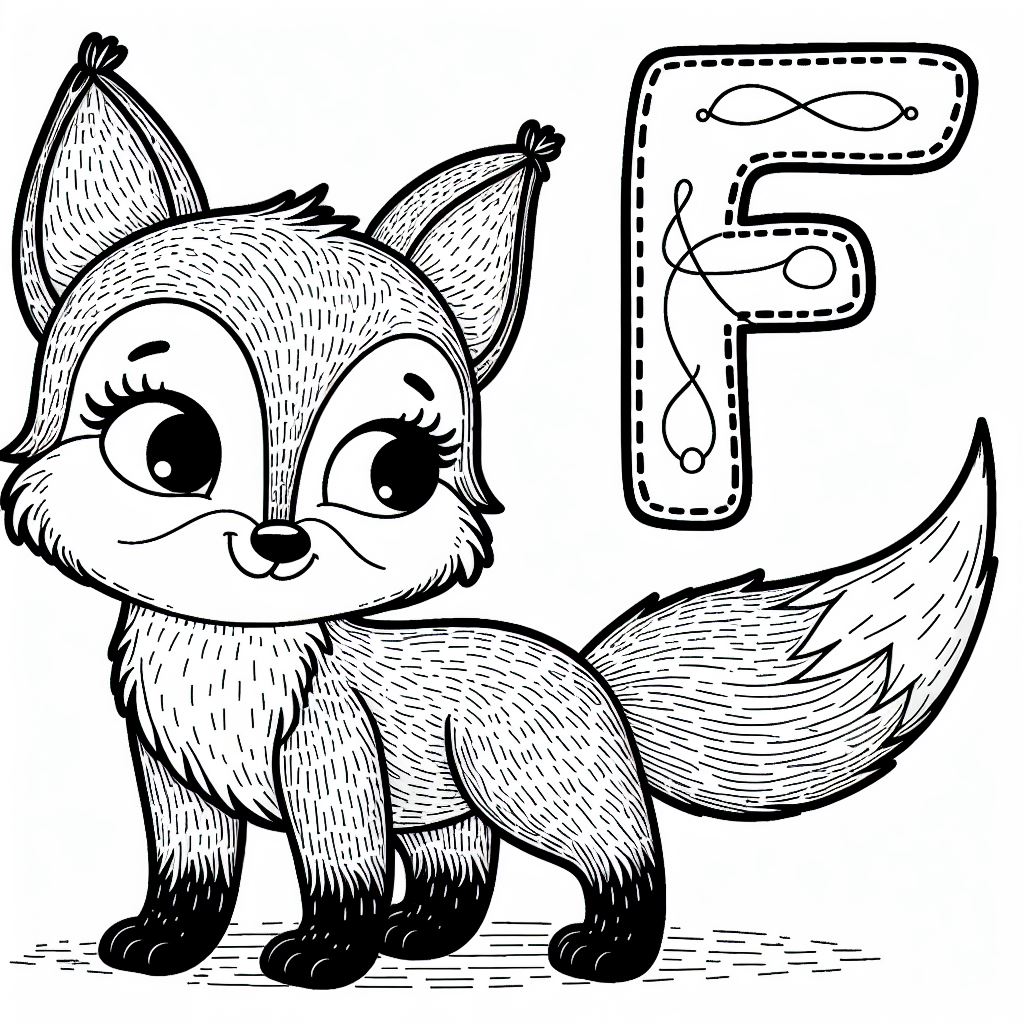 Cute Fox with letter F 🦊📚✨ Coloring Page