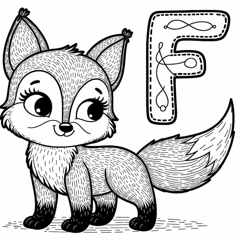 Cute Fox with letter F 🦊📚✨ Coloring Page