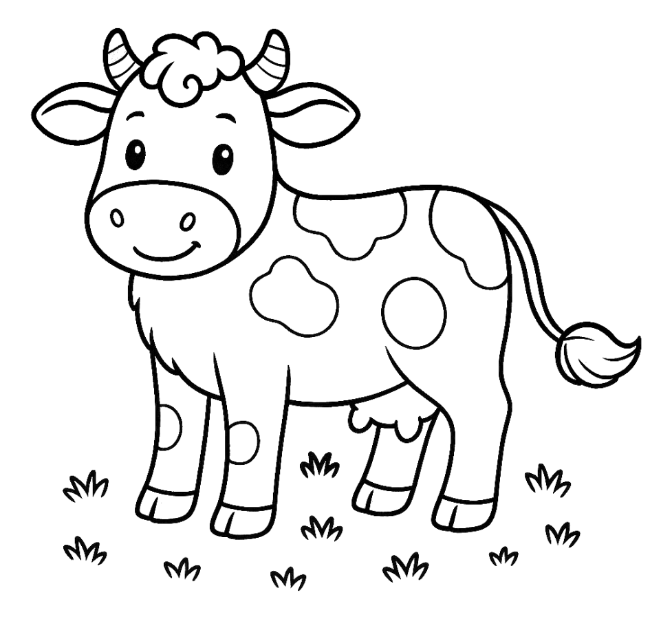 Friendly Cow Standing on Grass Patch 🐄🌿😊 Coloring Page