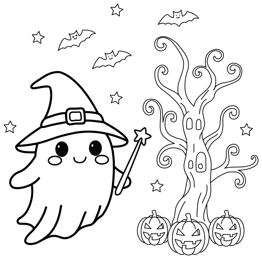 Friendly Ghost Witch with Spooky Tree and Pumpkins 👻🎃🌳 Coloring Page
