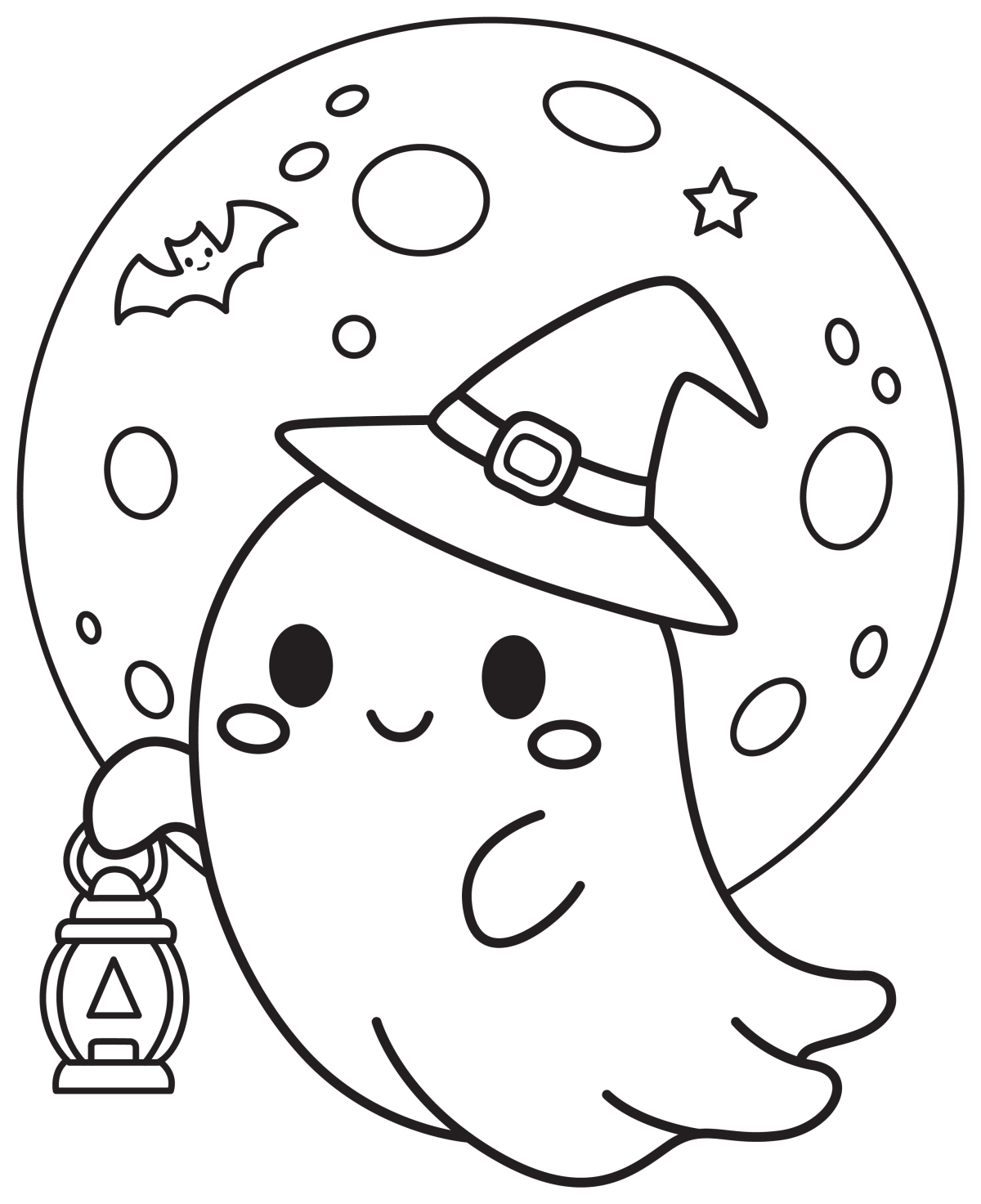 Friendly Ghost with Lantern and Hat Flying by the Moon 👻🌙💡 Coloring Page