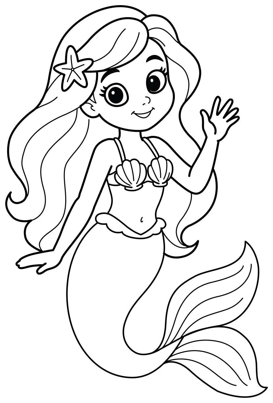 Friendly Mermaid Waving Hello 🧜‍♀️🌟🌊 Coloring Page