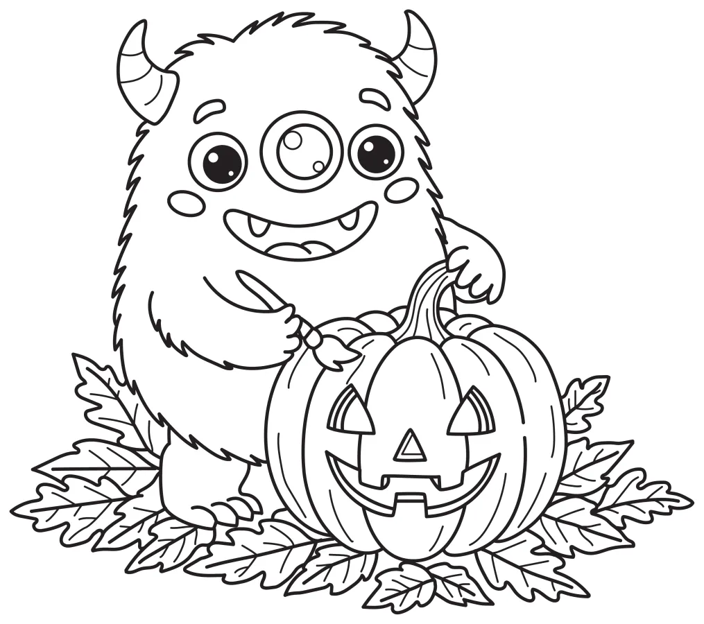 Friendly Monster with Pumpkin Celebrating Halloween Fun 🎃👹🎃 Coloring Page