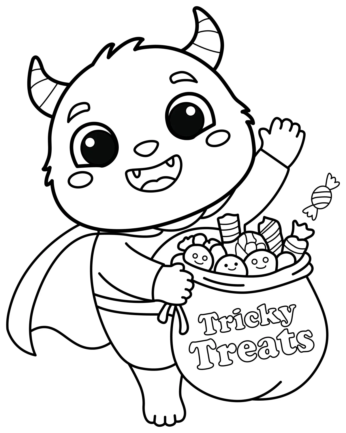 Friendly Monster with Tricky Treats Halloween Costume 🎃👻🍬 Coloring Page