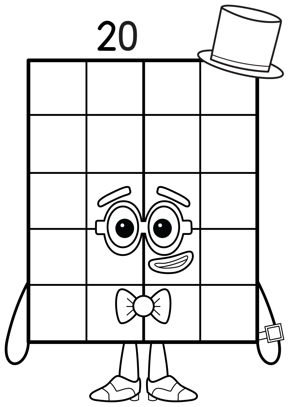 Friendly Numberblock Twenty with Purple Glasses 🧡👓 Coloring Page