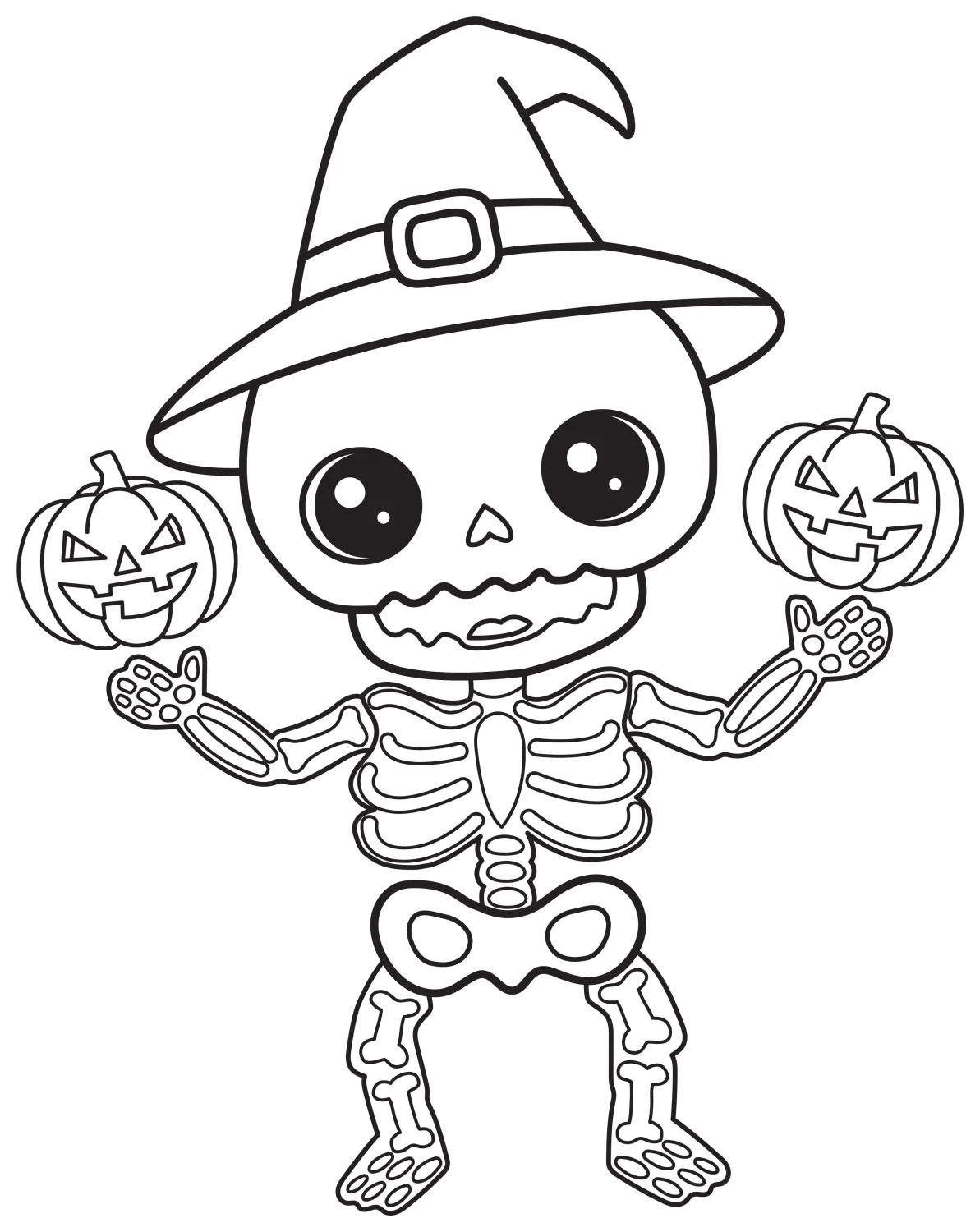 A friendly skeleton with a witch hat and pumpkins 🎃👻🎃 Coloring Page