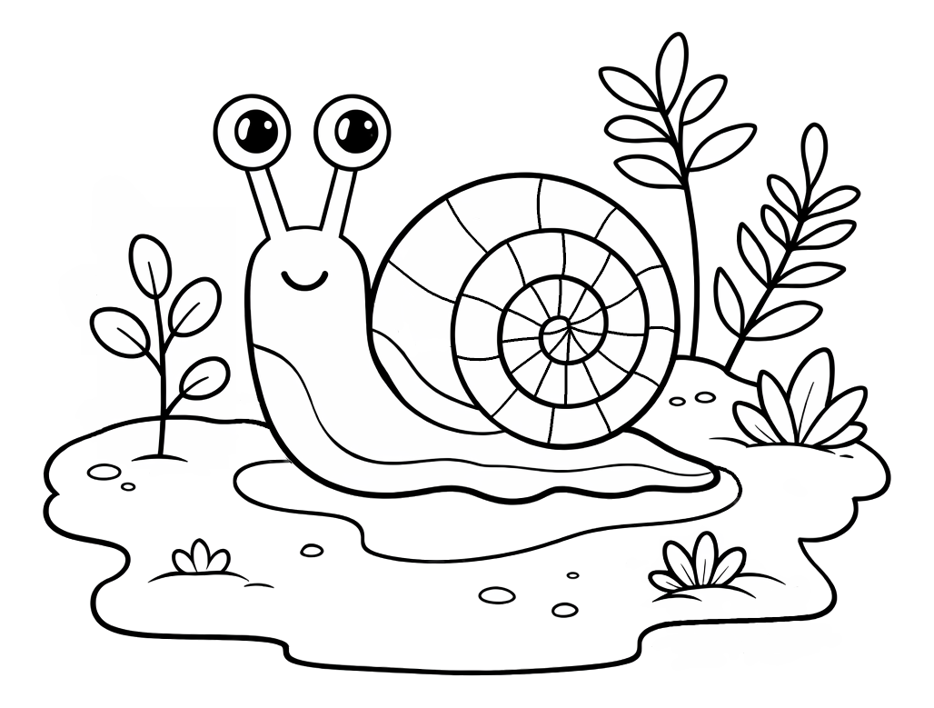 Friendly Snail Crawling on Leaves with a Smile 🐌🌿😊 Coloring Page