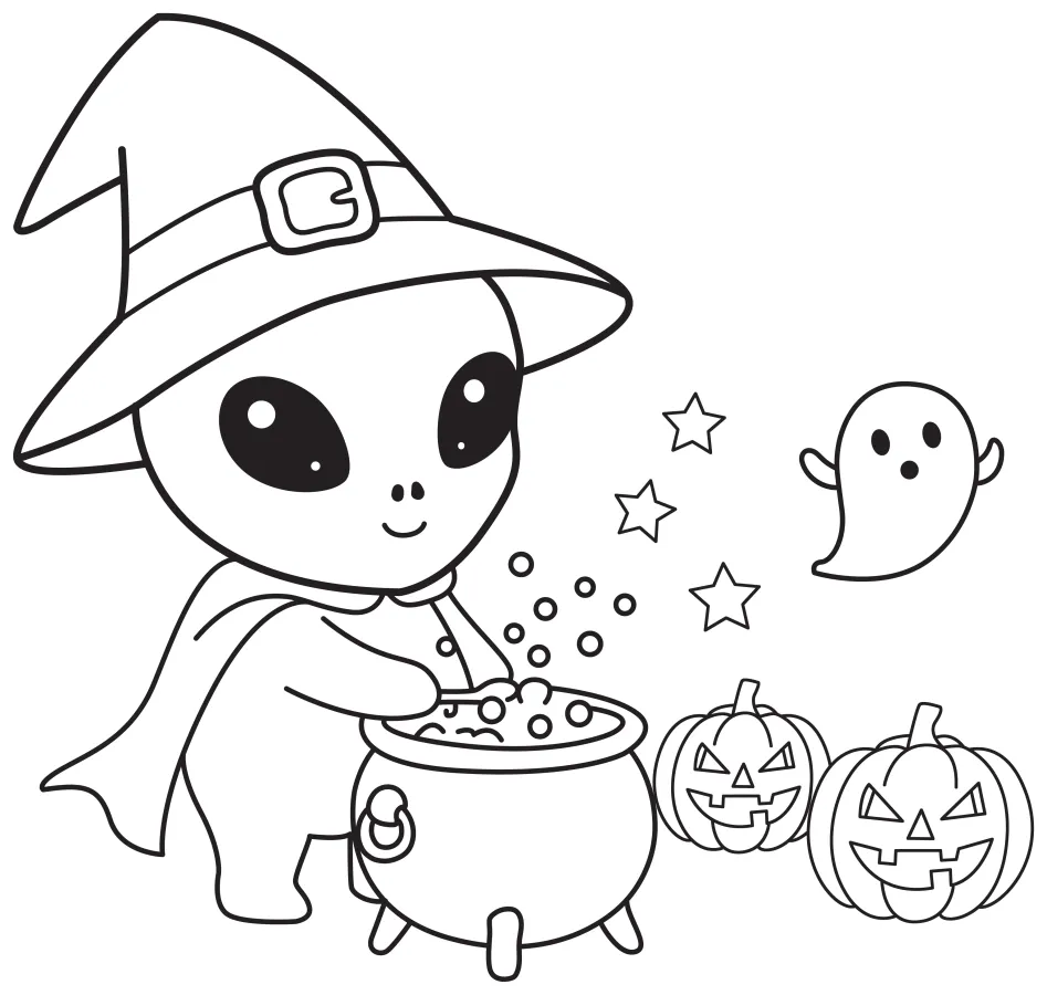 Friendly Alien Witch Cooking Magic Potion with Pumpkins 🎃🔮👻 Coloring Page