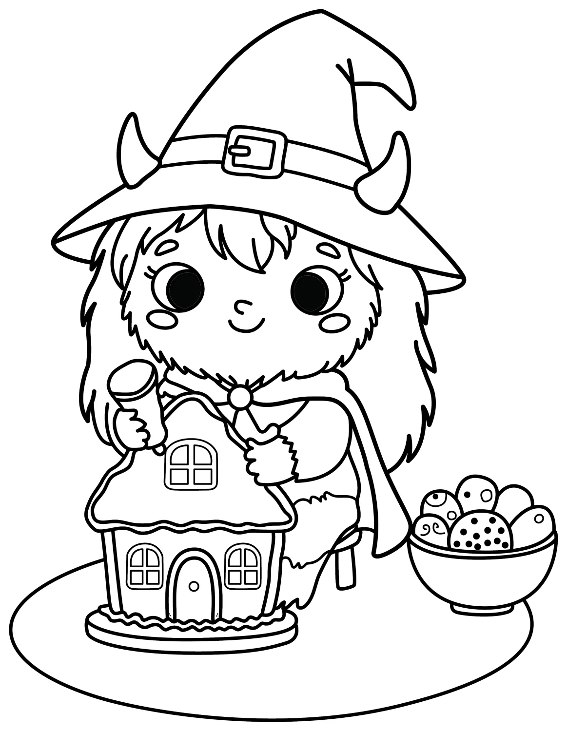 Friendly Witch Decorating a Gingerbread House with Candy 🧙‍♀️🏠🍬 Coloring Page