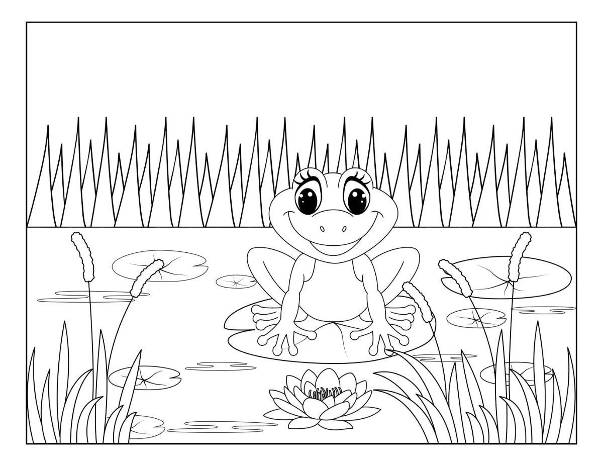Frog Sitting on a Lily Pad in a Pond 🐸🌿🌊🌸 Coloring Page