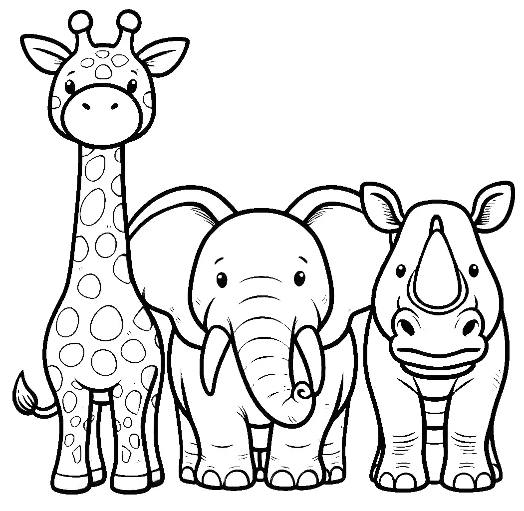 Front View of Cute Giraffe Elephant & Rhino Standing next to Eachother 🦒🐘🦏 Coloring Page