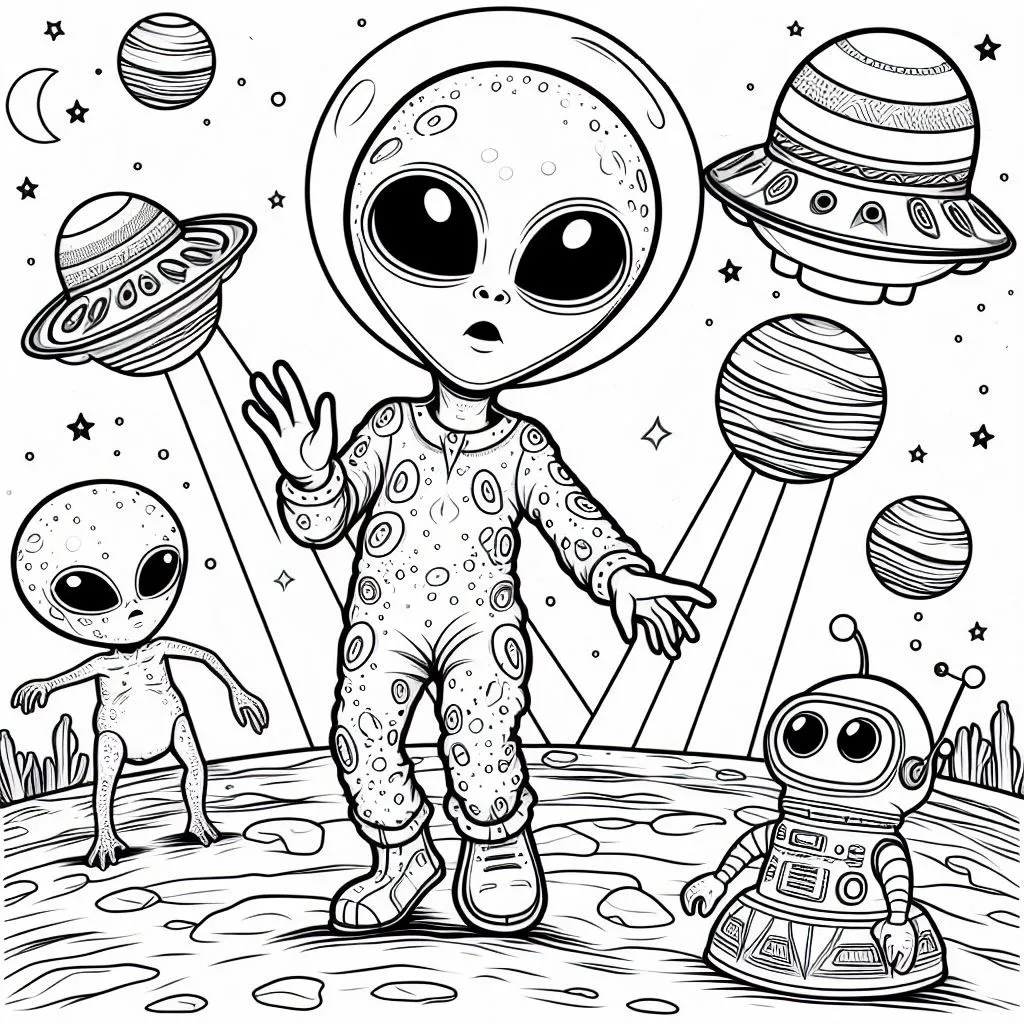 Funky Alien Dancing with Robot on Planet 👽🕺🤖🪐 Coloring Page