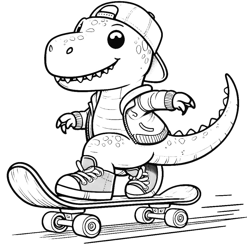 Funny Dinosaur on Skateboard wearing Baseball Cap and Jacket 🦖🛹🧢🧥 Coloring Page