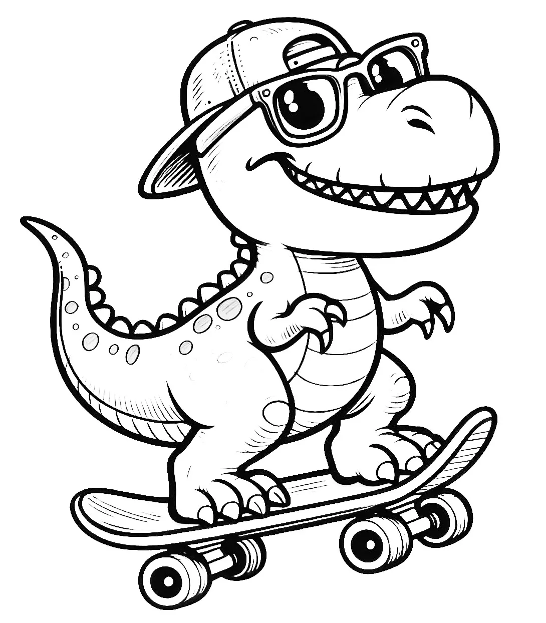 Funny Dinosaur on Skateboard wearing Baseball Cap and Glasses 🦖🛹🧢🕶️ Coloring Page