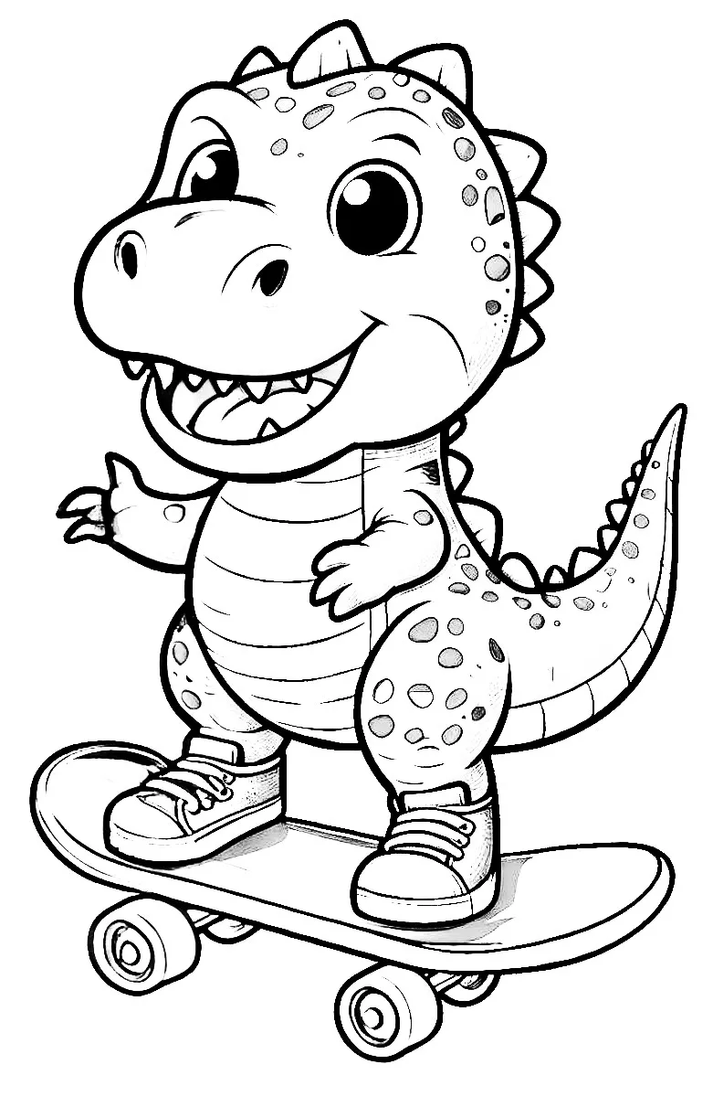 Funny Dinosaur on Skateboard wearing Shoes 🦖🛹👟 Coloring Page