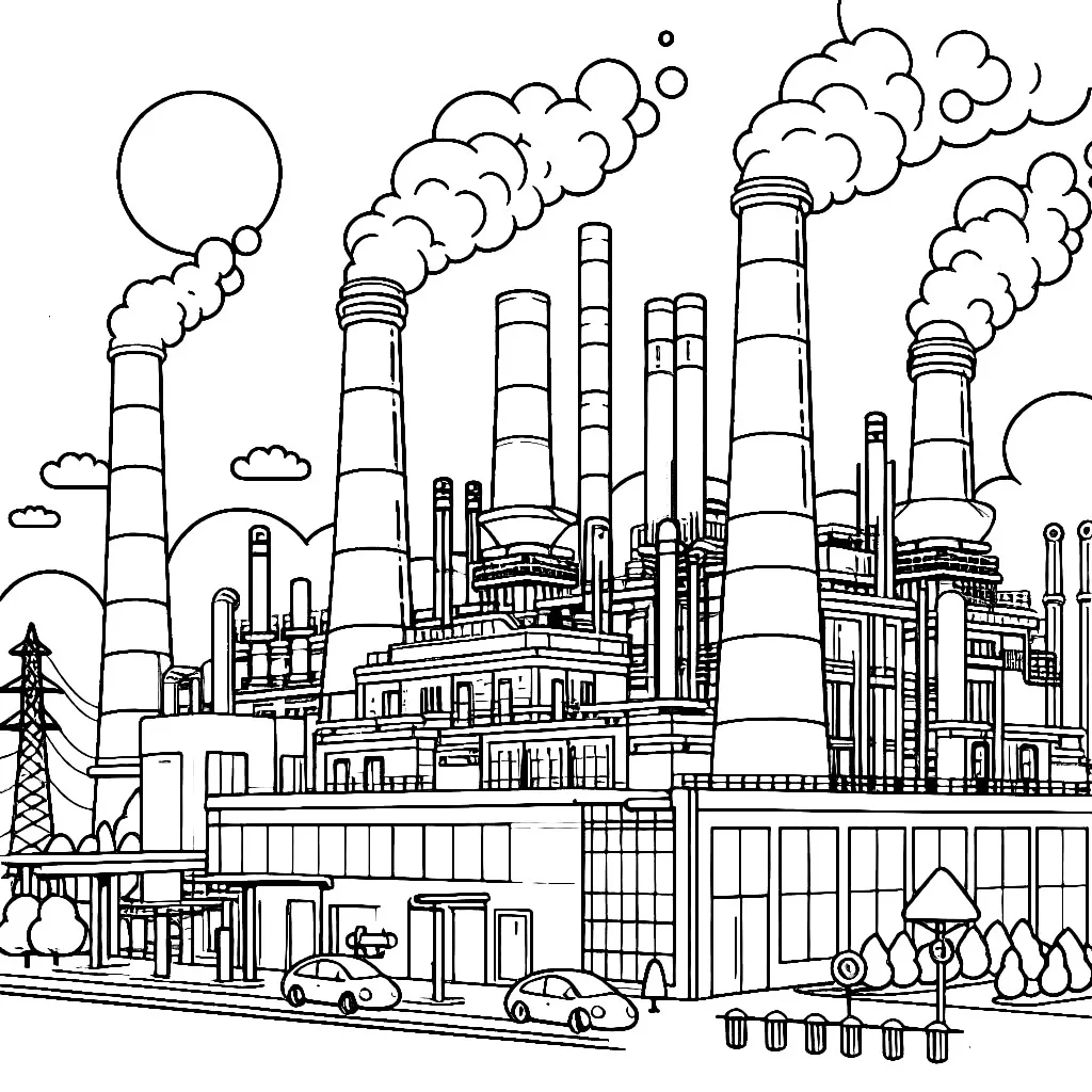 Natural Gas Power Plant 🏭💨 ⚡🌳 Coloring Page