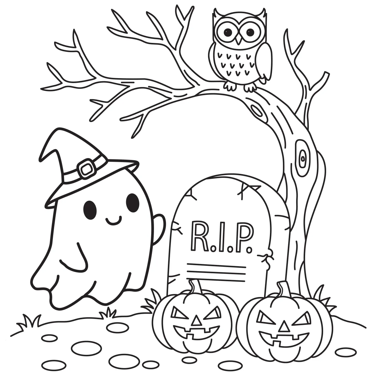 A Spooky Halloween Scene with a Ghost, Owl, and Pumpkins 👻🦉🎃💀 Coloring Page