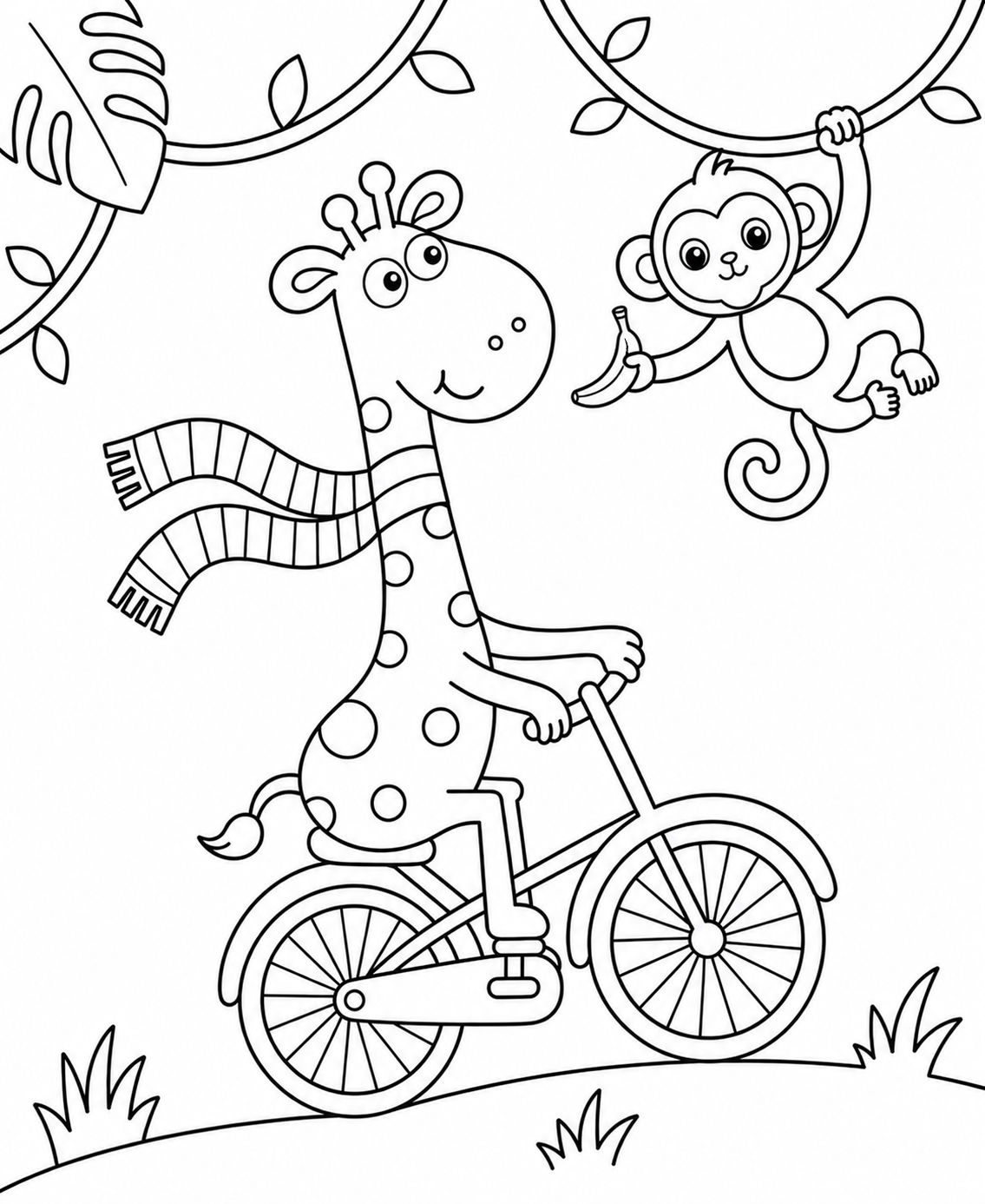 Giraffe Riding a Bicycle with a Monkey and Banana 🐒🍌🚲 Coloring Page