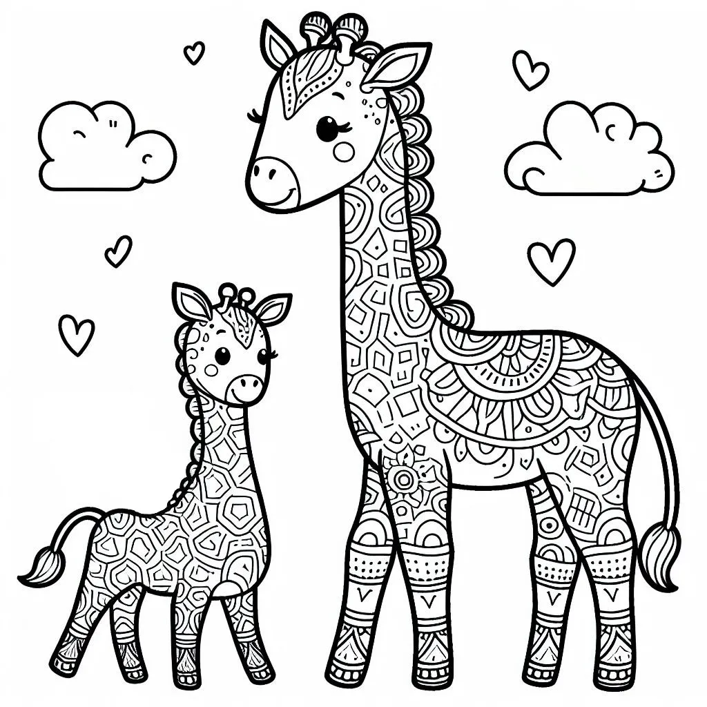 Giraffe Mother with Baby Giraffe Patterned 🦒👶🌈 Coloring Page