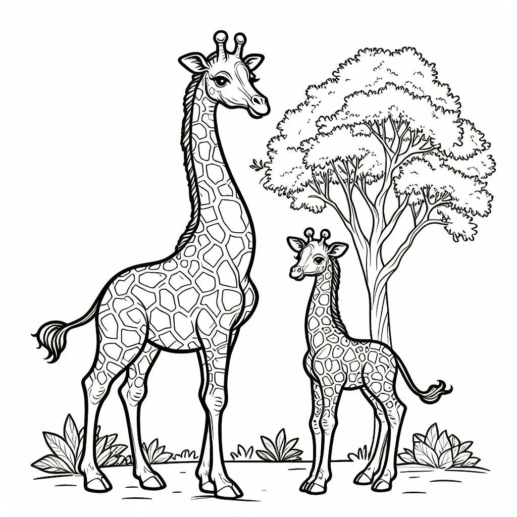 Giraffe Mother with Baby Giraffe 🦒👶 Coloring Page