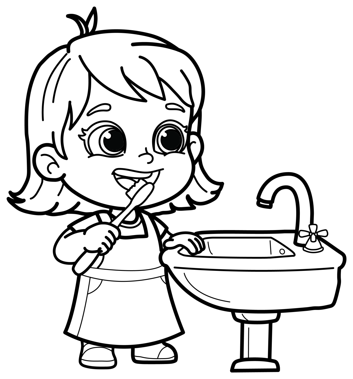 Girl Brushing Teeth in Bathroom 🦷 Coloring Page