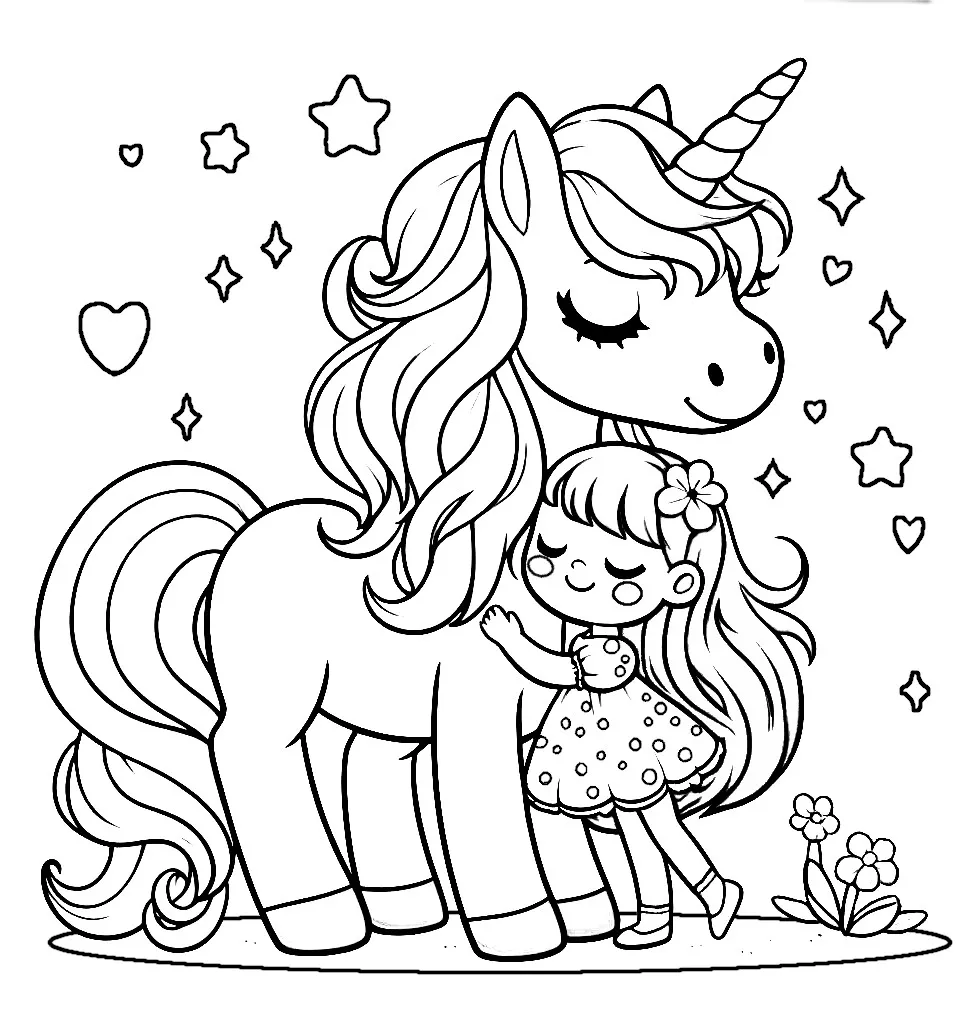 Girl Hugging Unicorn 🌸🦄❤️ Coloring Page