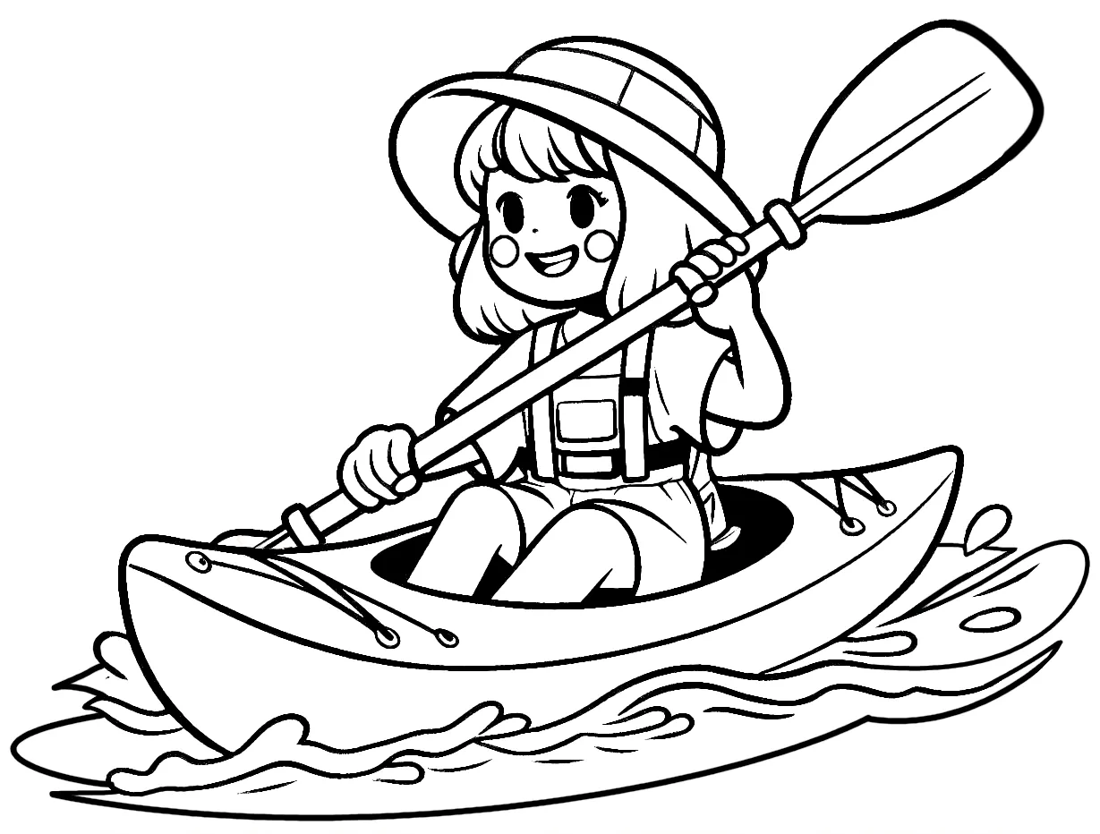 Girl Kayaking Wearing Lifejacket and Hat 🚣‍♀️🌊👒 Coloring Page