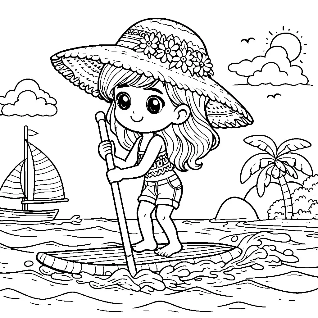 Girl on Sup in Summer 🌞🏄‍♀️😎 Coloring Page