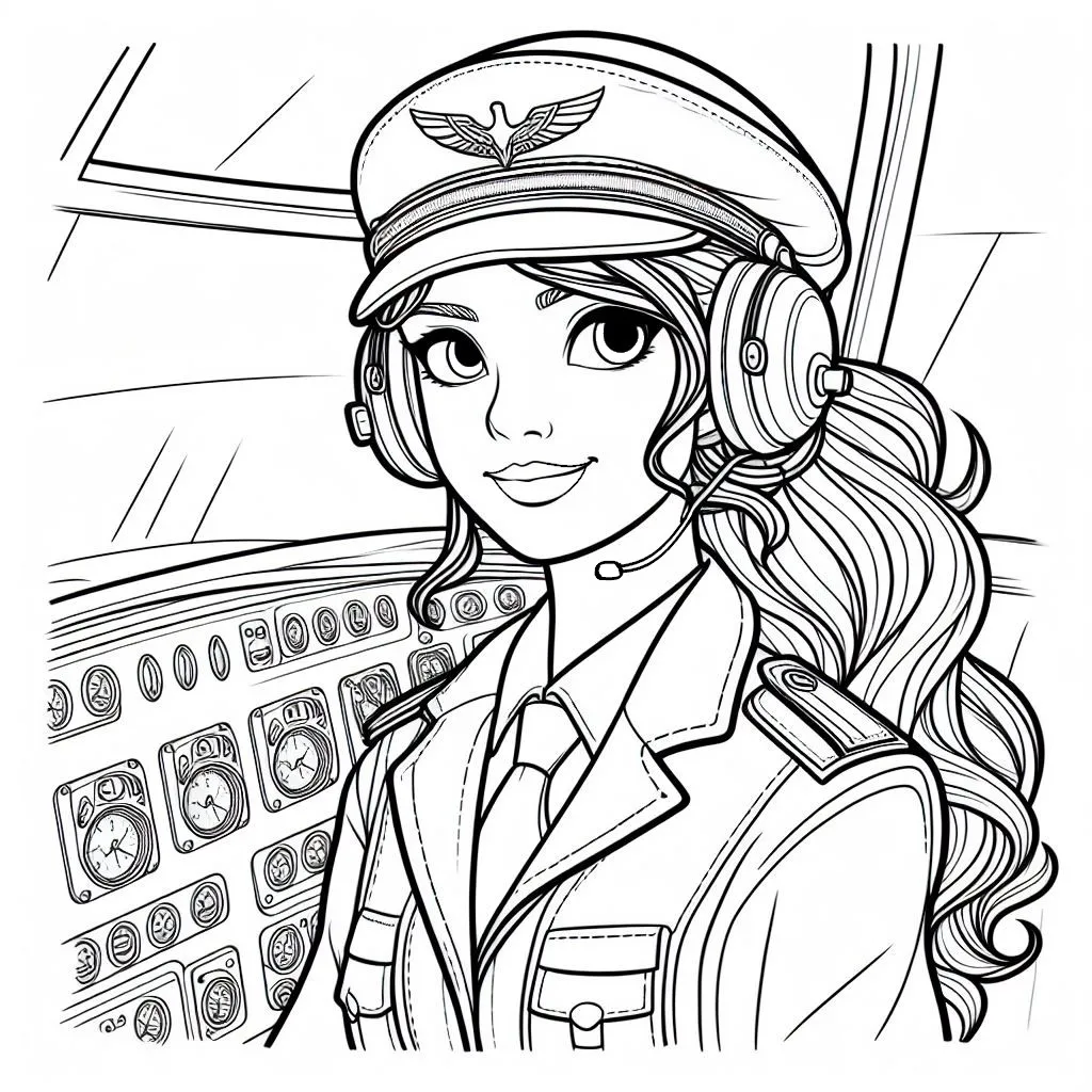 Girl Pilot in Cockpit ✈️👩‍✈️🌟 Coloring Page