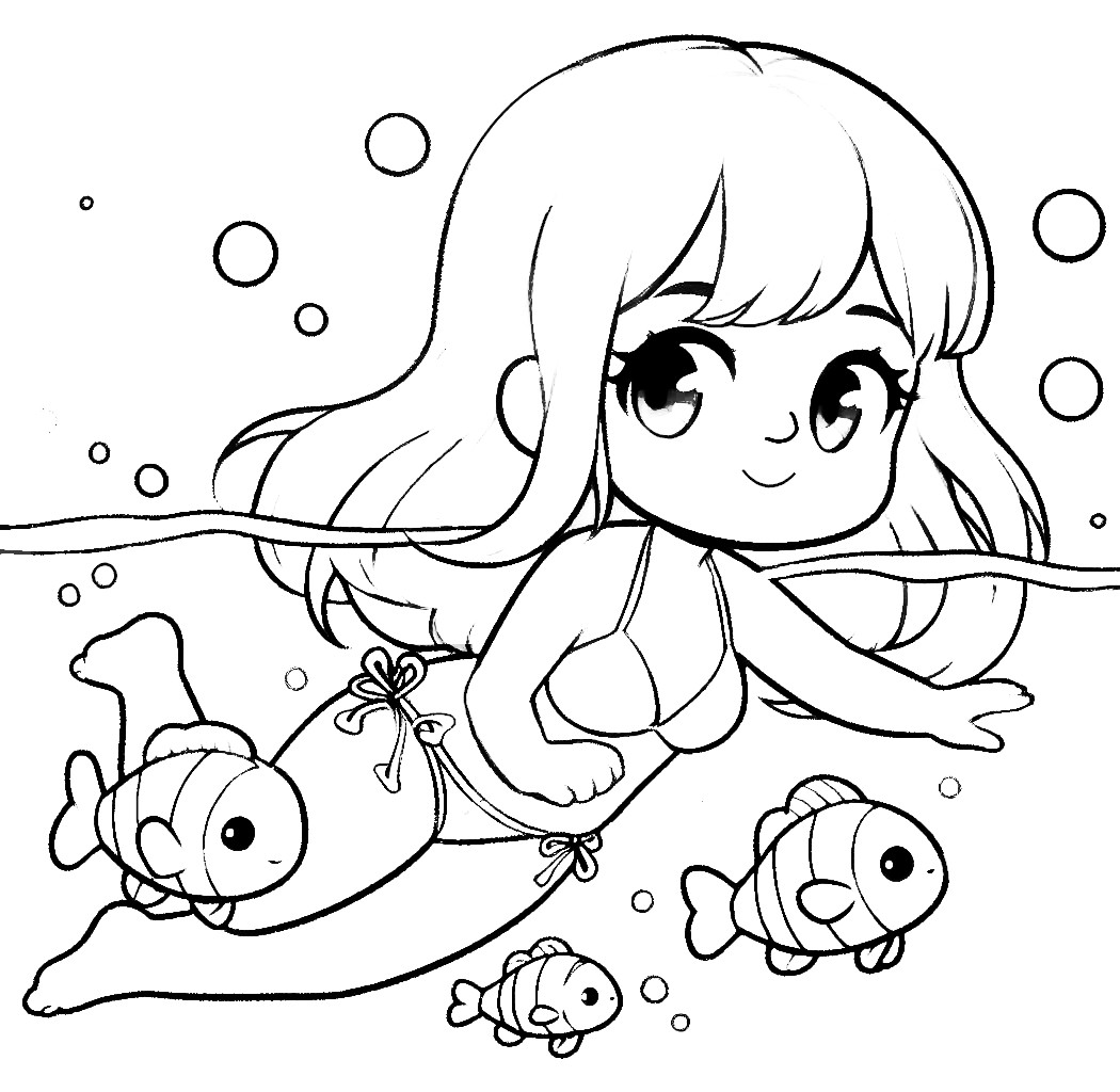 Girl Swimming in the Sea with Fish 🌊🐟🤿 Coloring Page