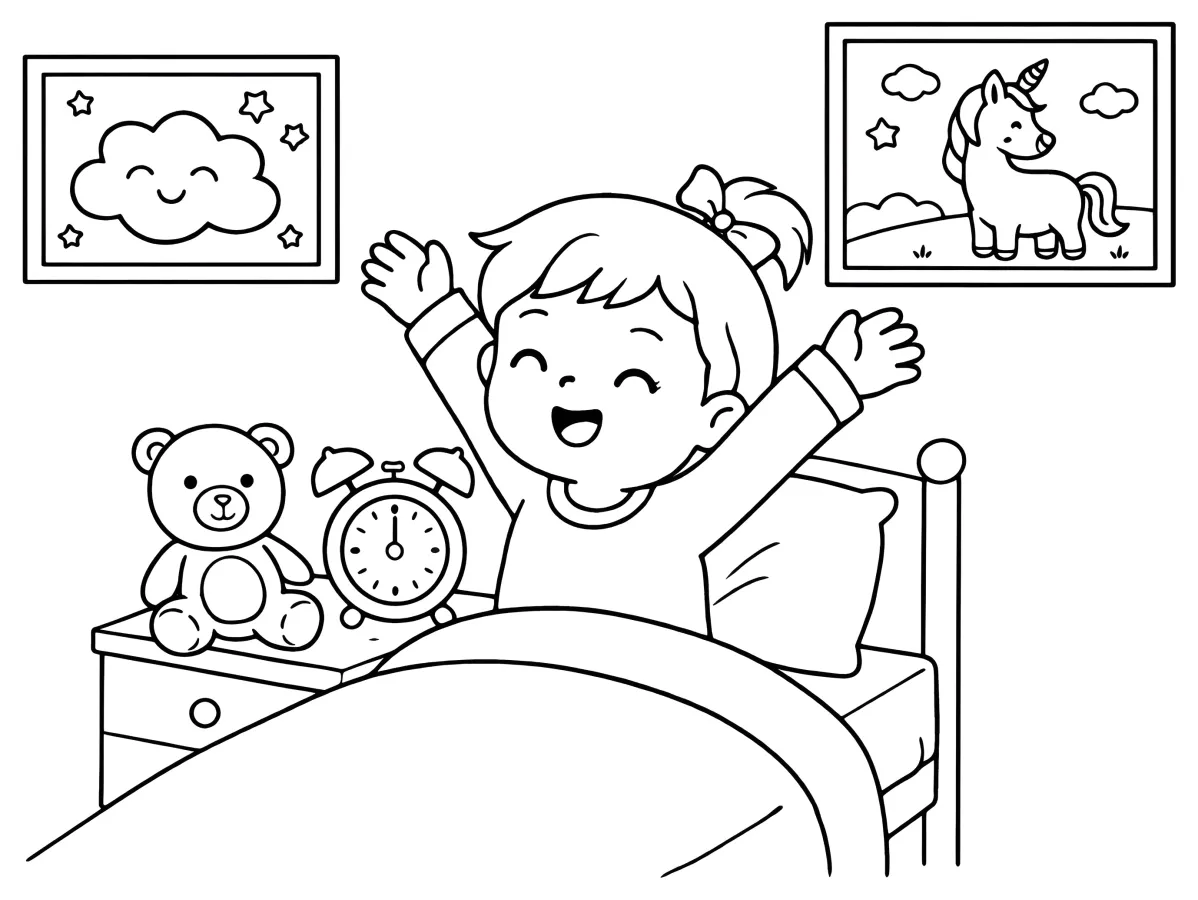 Girl Waking Up Excited for School with Unicorn and Cloud 🌈📚🌟 Coloring Page
