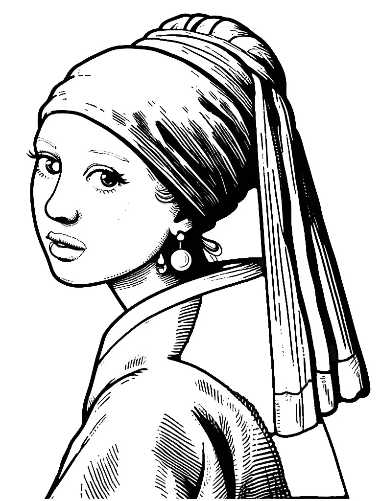 Girl with a Pearl Earring oil painting by Johannes Vermeer 🎨👧💫👂 Coloring Page