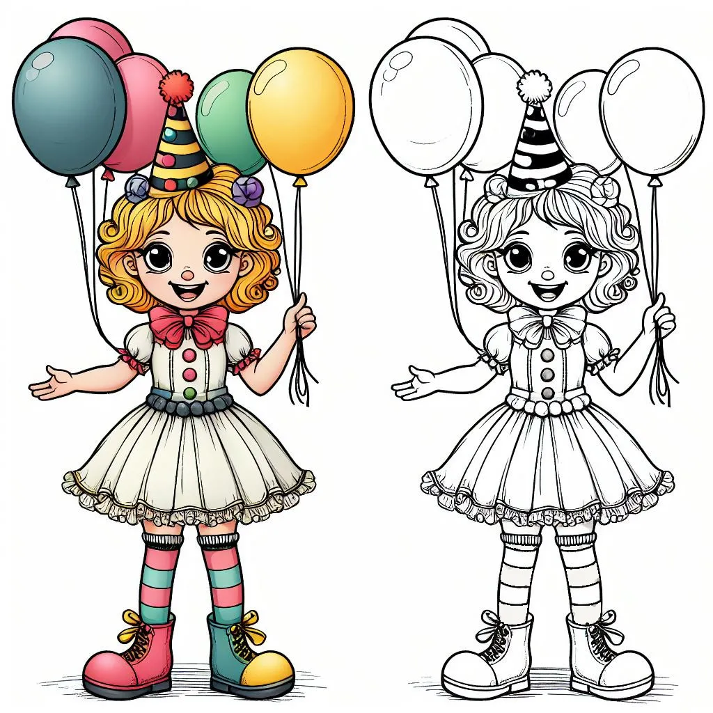 Girl Dressed as a Clown with Balloons and Party Hat 👧🤡🎈🎉 Coloring Page