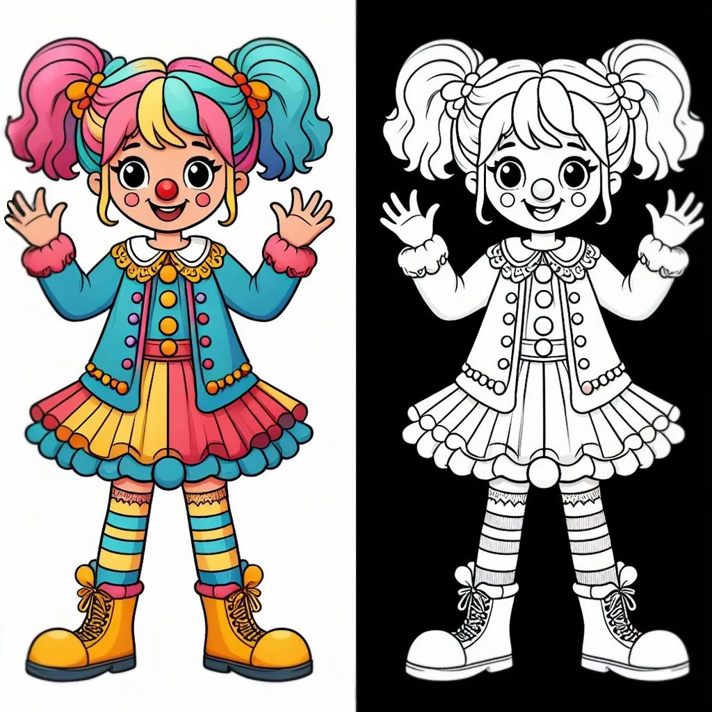 Girl Dressed as a Colorful Clown 👧🤡🎈🌈 Coloring Page