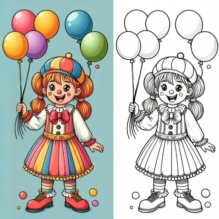 Girl Clown with Balloons 👧🤡🎈 Coloring Page
