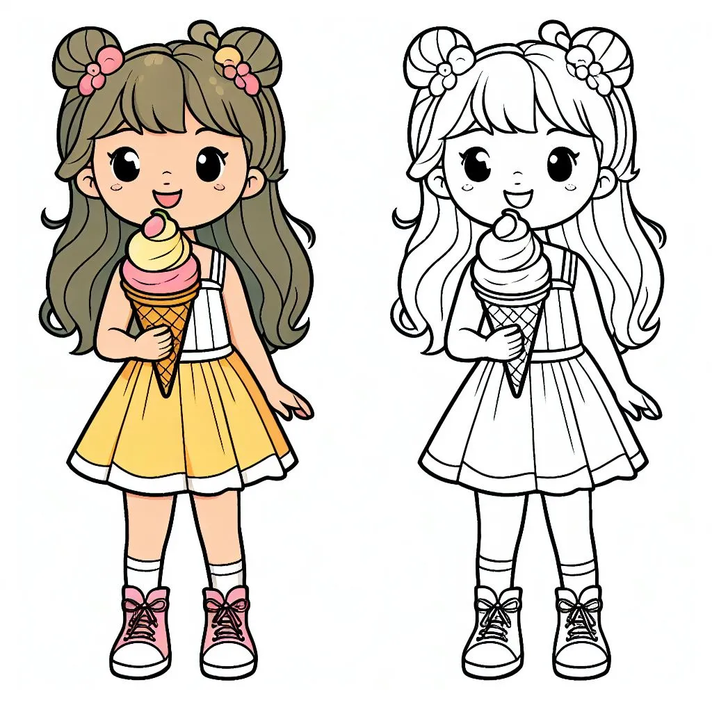 Girl Eating Icecream in Cone 🍦👧 Coloring Page
