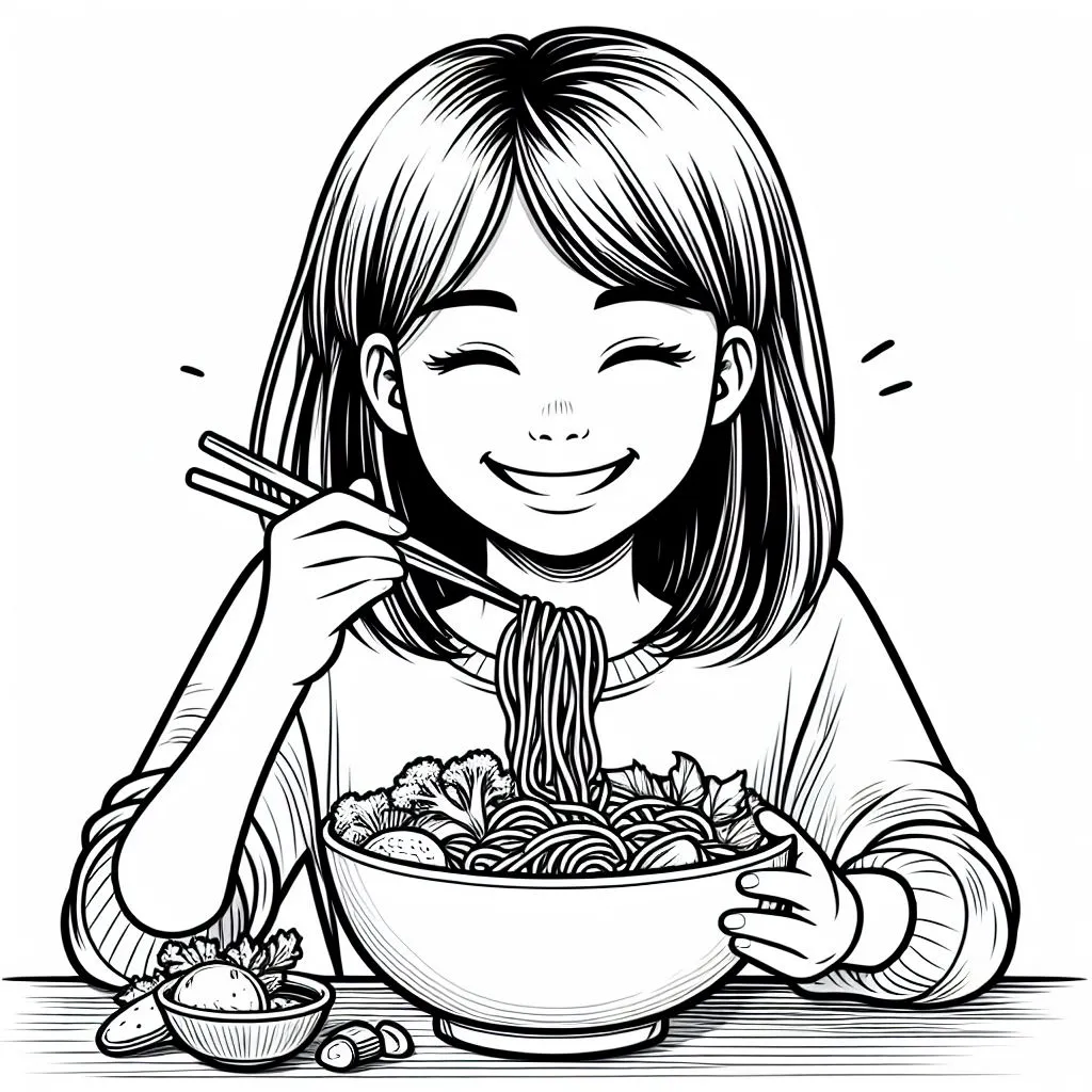Girl Eating Noodles 🍜👧 Coloring Page