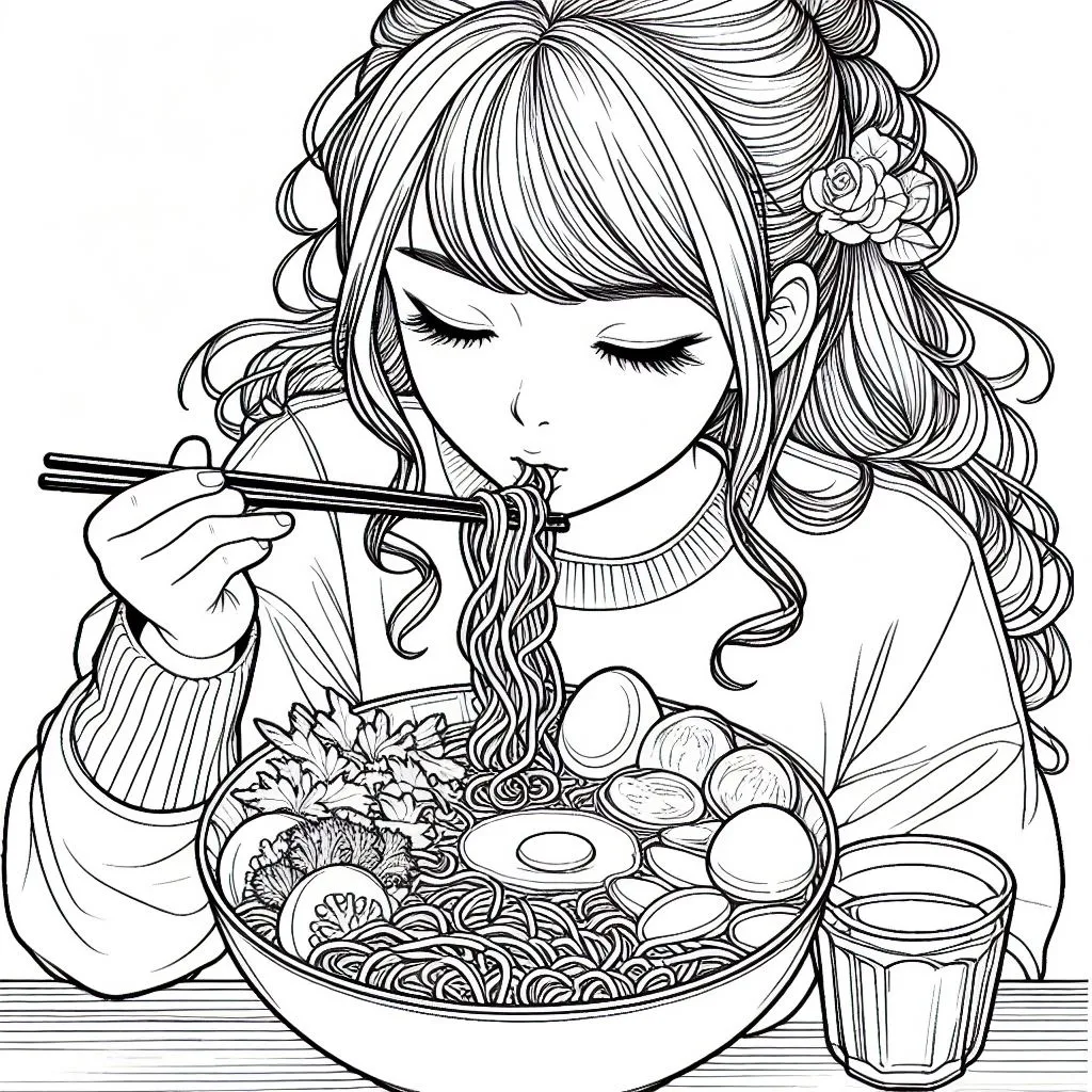 Girl Eating Asian Noodles 🍜👧 Coloring Page