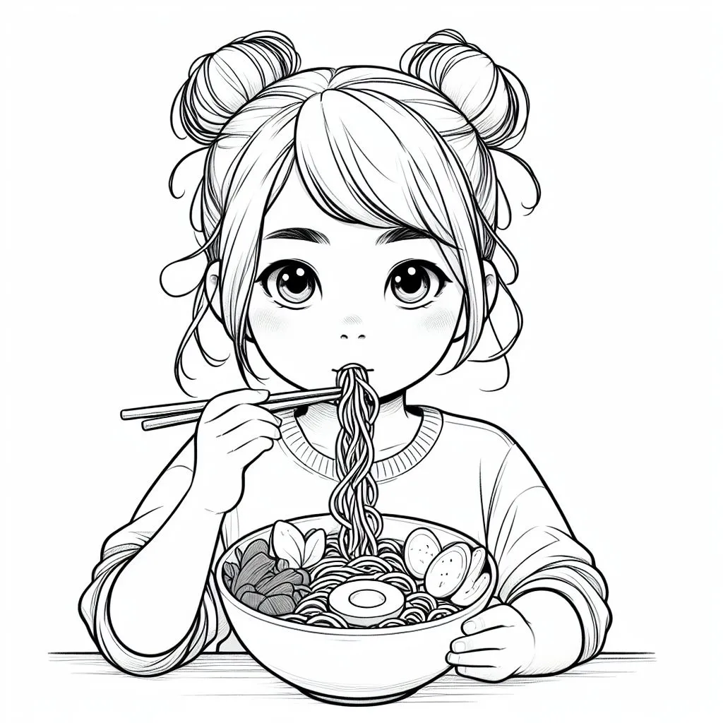 Girl Eating Asian Noodles 🍜👧 Coloring Page
