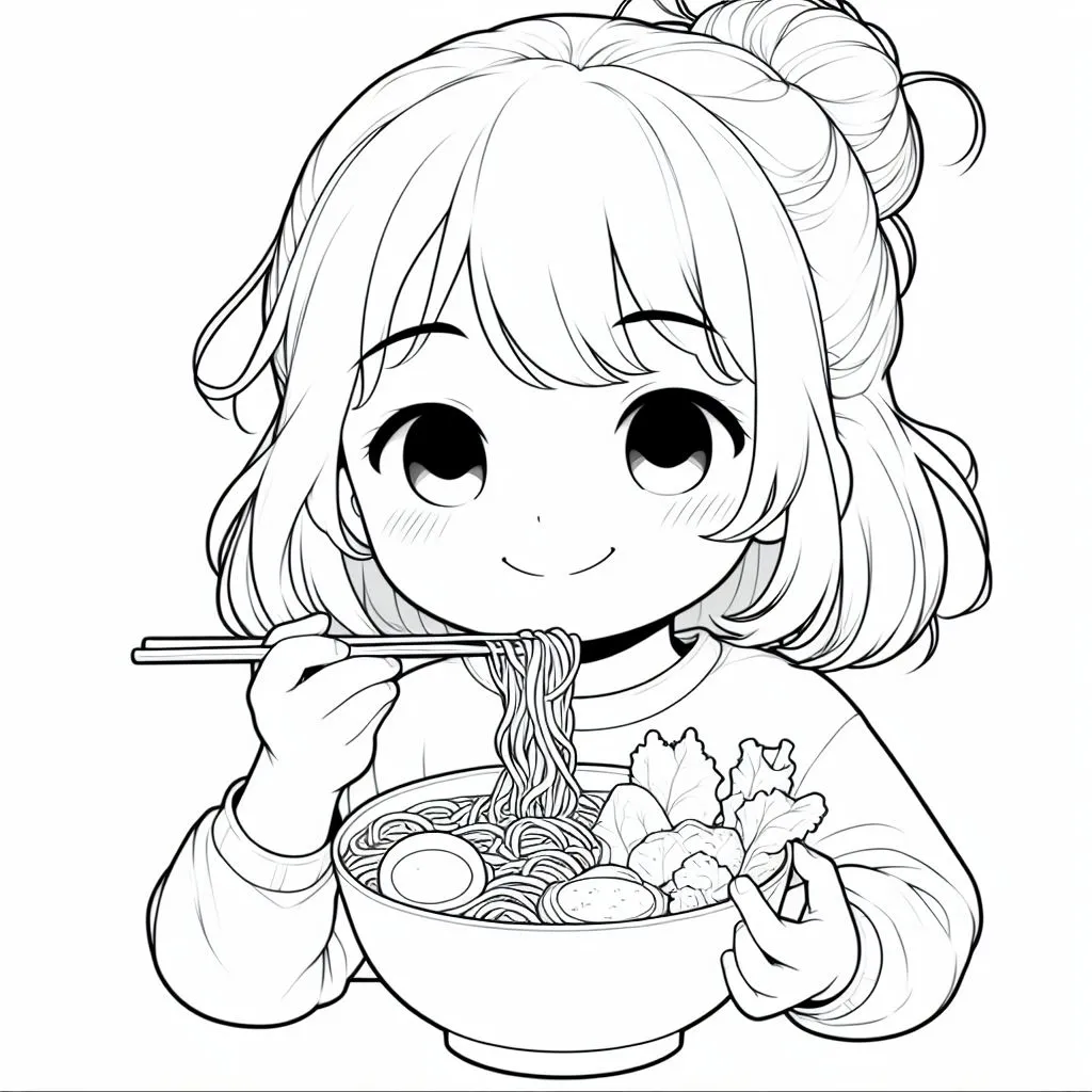 Girl Eating Noodles 🍜👧 Coloring Page