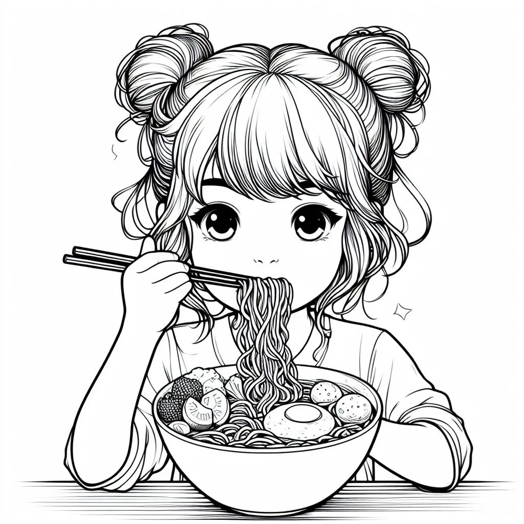 Girl Eating Noodles 🍜👧 Coloring Page