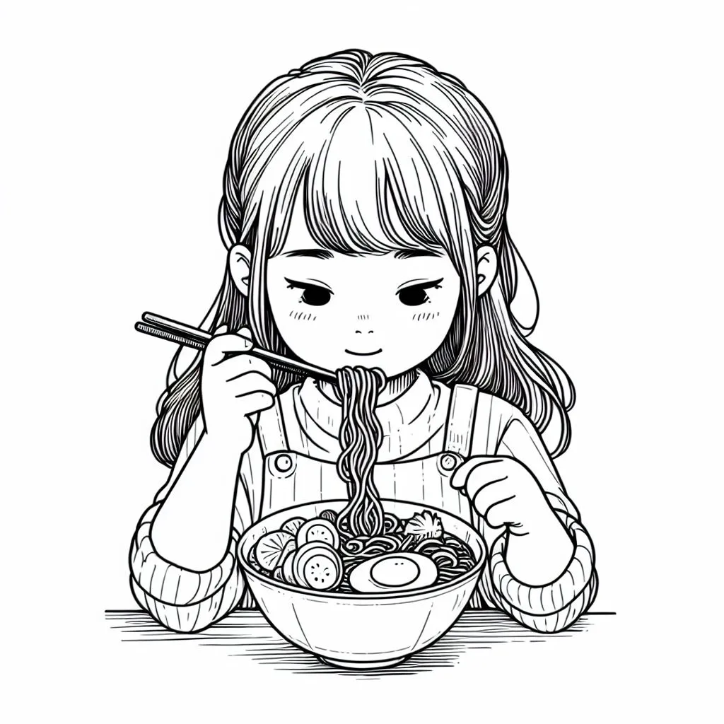 Girl Eating Noodles 🍜👧 Coloring Page