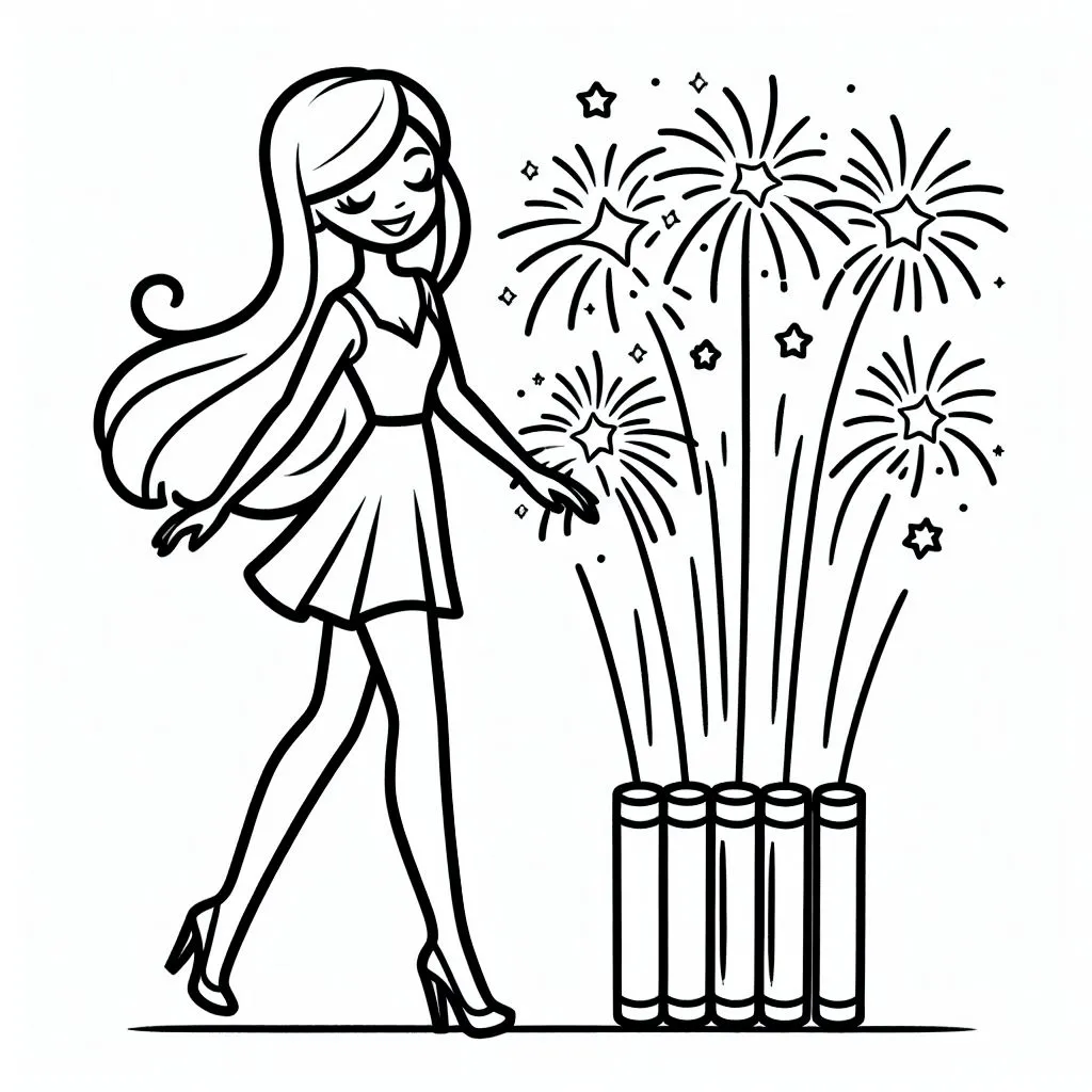 Girl with Fireworks 🎇👧 Coloring Page