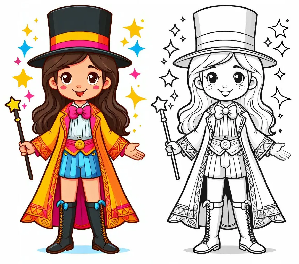 Girl Dressed up as a Magician 👧🎩 Coloring Page