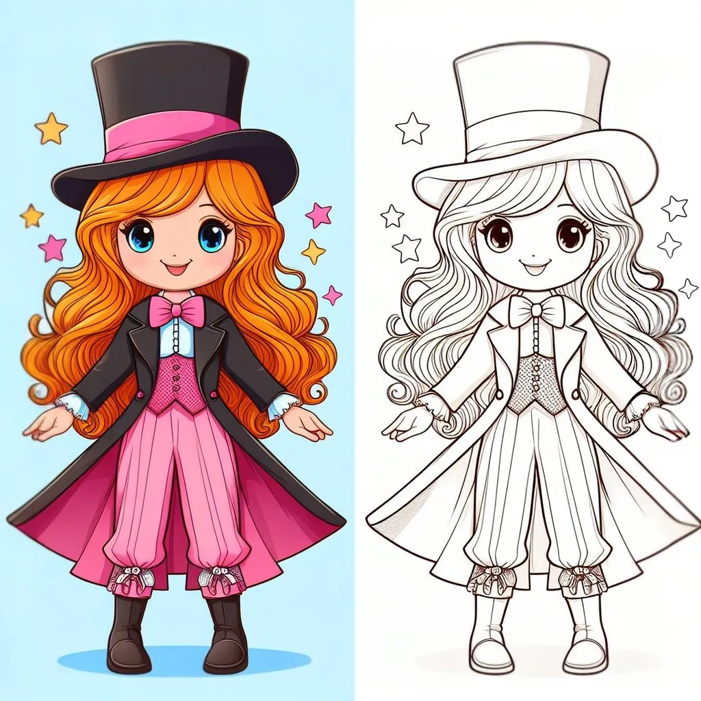 Girl Dressed up as a Magician with Hat and Cape 👧🎩👘 Coloring Page