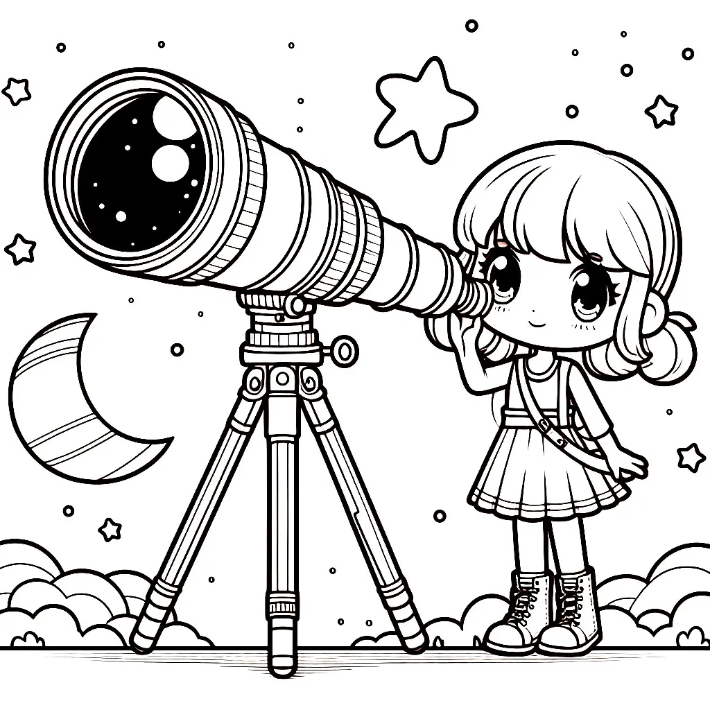 Girl with Telescope looking at the Stars and Moon 👧🔭🌙⭐ Coloring Page