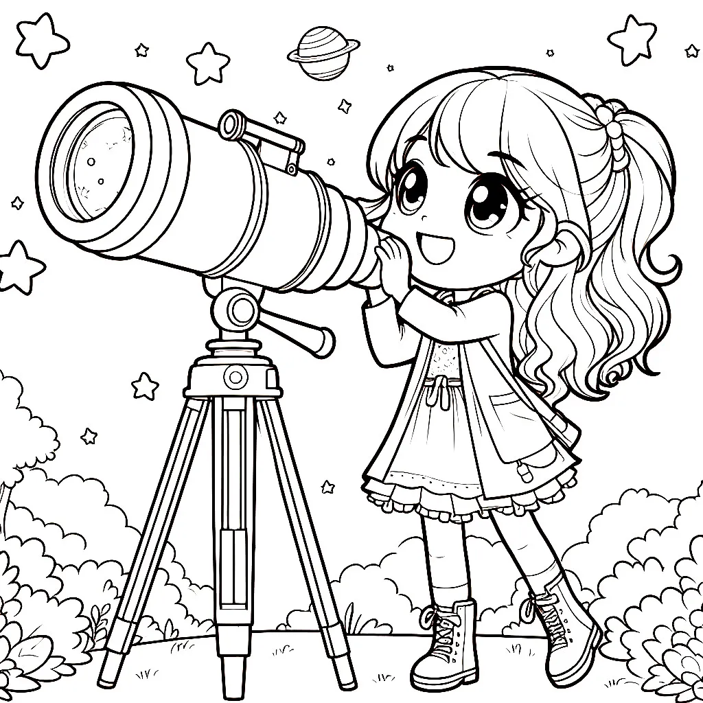 Girl with Telescope Gazing at Stars 👧🔭⭐ Coloring Page