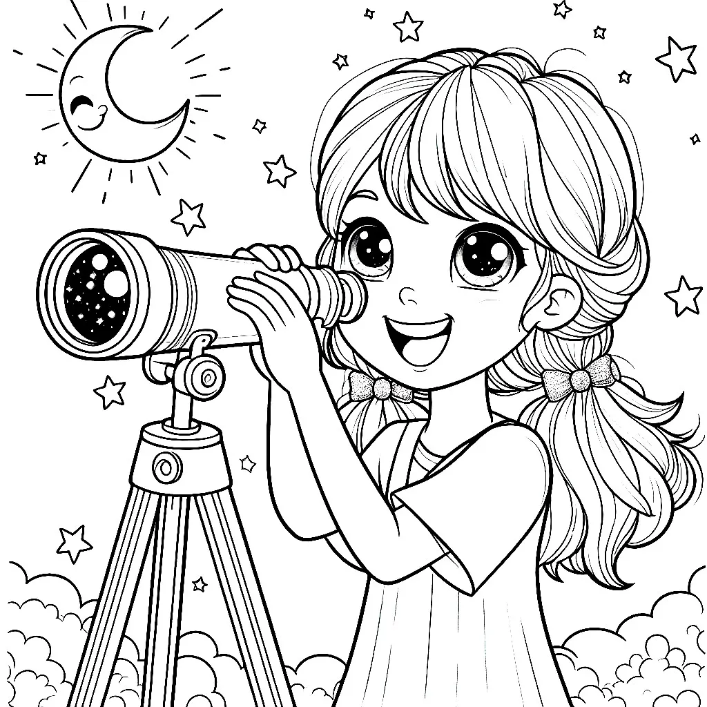 Girl with Telescope Gazing at Stars and Moon 👧🔭⭐🌙 Coloring Page