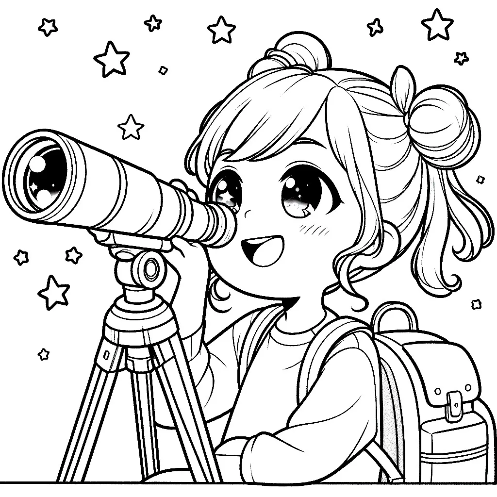 Girl with Telescope Gazing at Stars 👧🔭⭐ Coloring Page