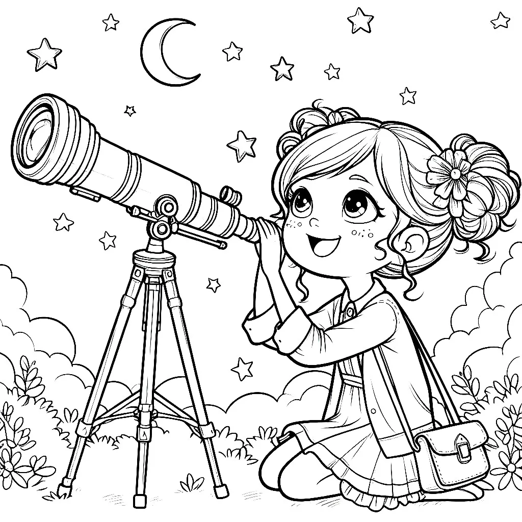 Girl with Telescope Gazing at Stars and Moon 👧🔭⭐🌙 Coloring Page